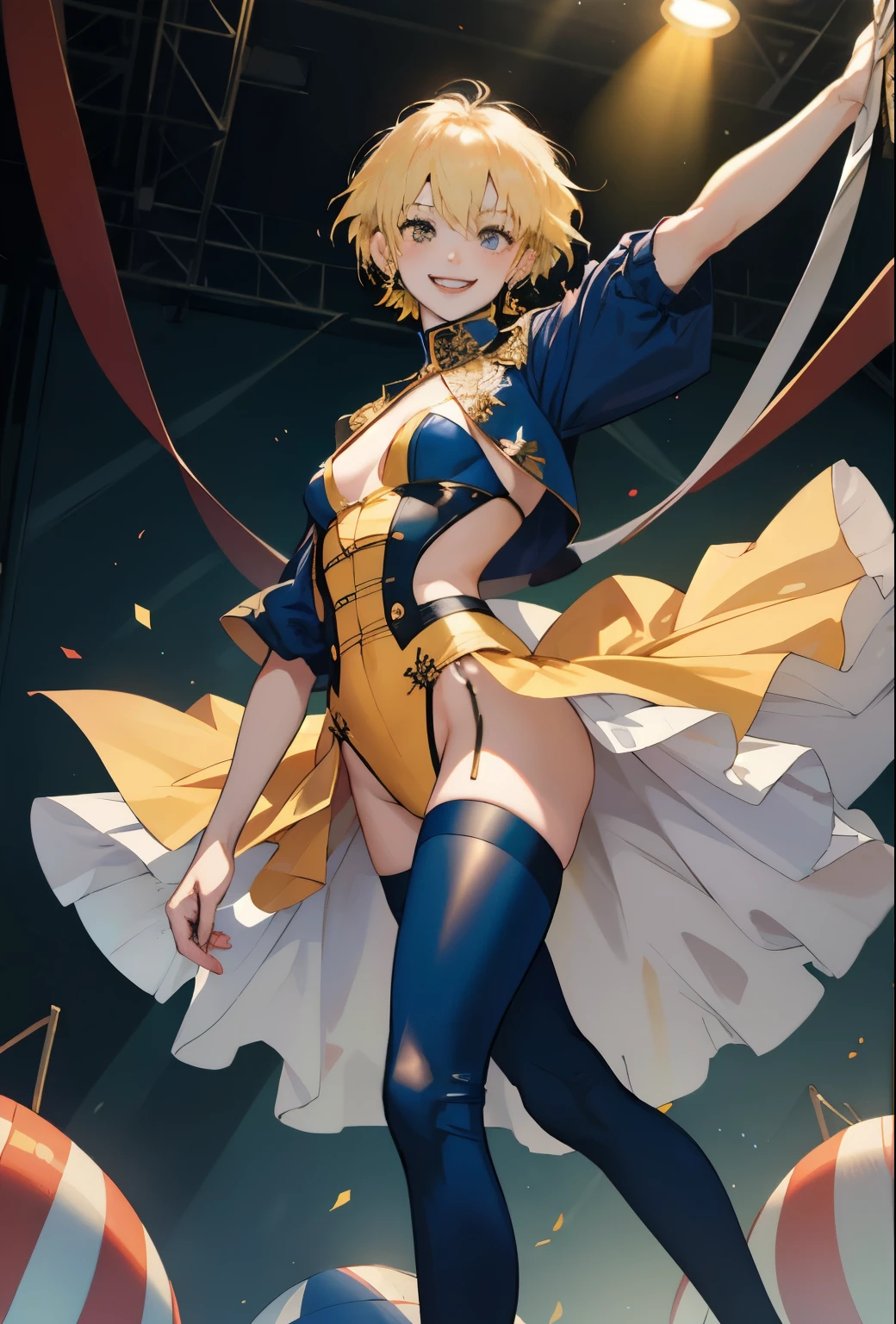 girl, whole body, short hair, Blonde, small, yellow, smile,Circus広場, Lion, Red and navy blue costume,High leg costume,Circus,Beast Charmer,