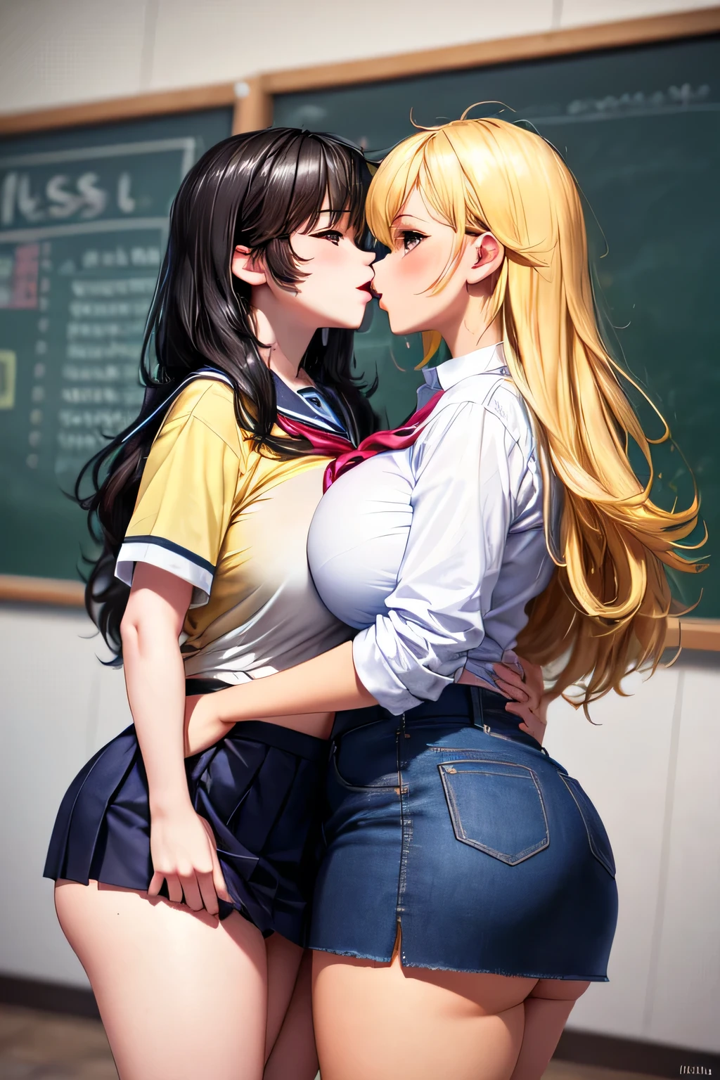 Lesbian (very long loose yellow hair)(big breasts, big thighs)(with clothes it is very tight) that he is kissing at school with his girlfriend,(big breasts, big thighs)lesbian love