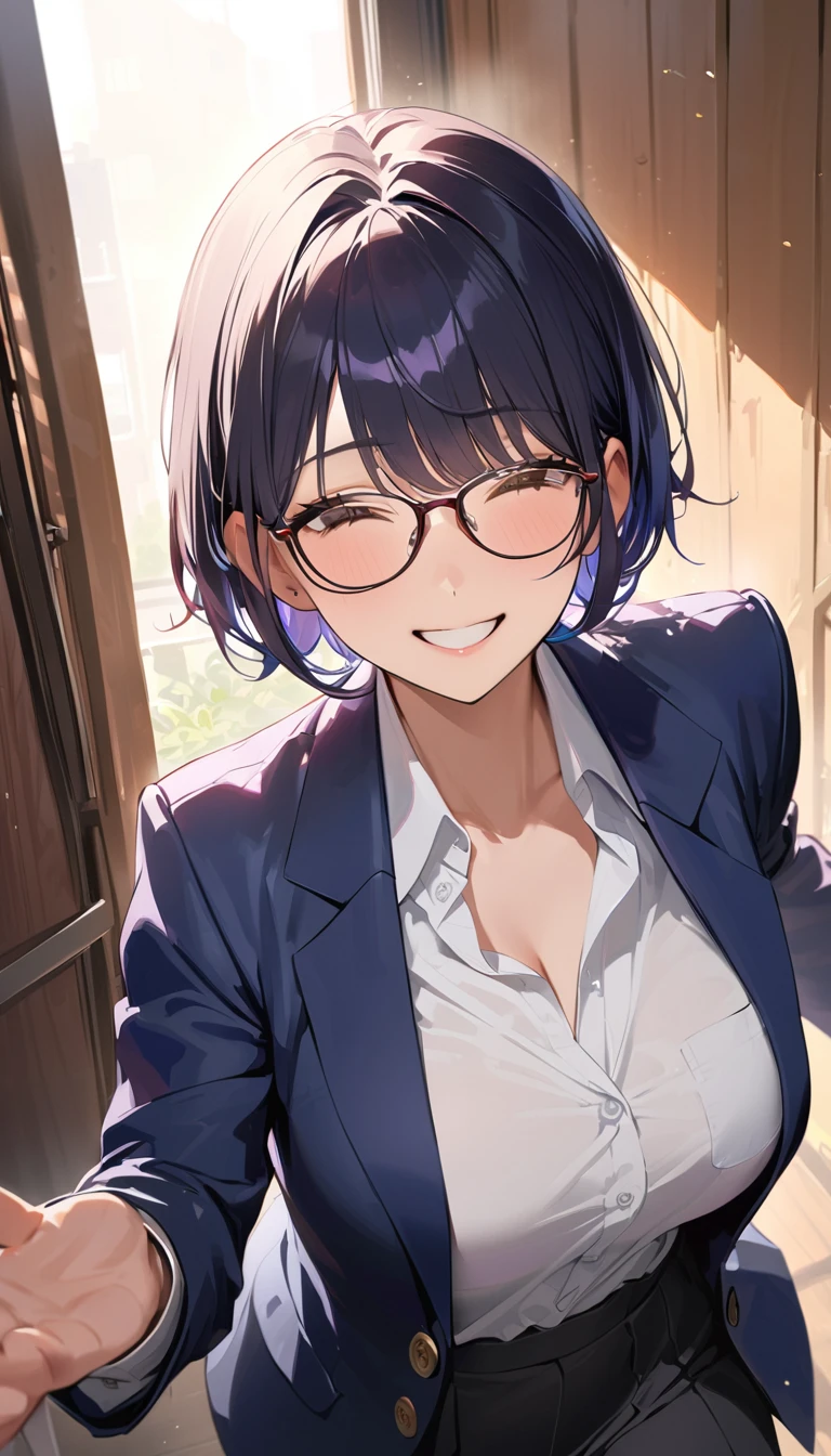 super detail, best quality, A high school girl with black short bob hair, Glasses,Red ribbon,wearing a navy blazer ,Happy smile,Moving,Happy atmosphere,