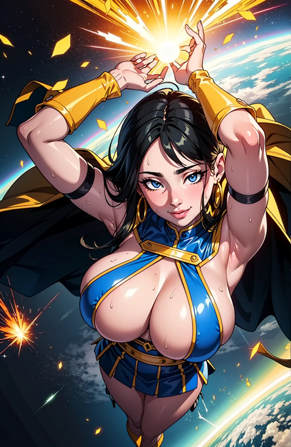 Digital painting of frying muscle girl, (red:1.0) mixed blue mixed white mixed yellow costume (mixed color costume:1.5), pose, fist up, ((from above)), 1knee up, Behance Contest Winner, Afrofuturism, Synthwave, neon, glowing neon, (((sagging massive breasts))), mini highschool skirt, cape, sweat, glossy silky skin, ((smile cute face)), in space, flash light, plasma spark, bomber, strong back-light, spinning, tornado spin, wind swirl, spinning like a tornado, sexy,