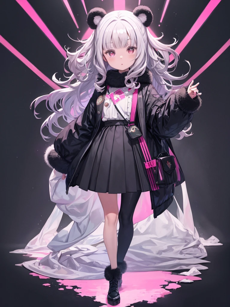One girl, Black-pink hair, Bright silver eyes are almost white, Modern and understated clothing, Fashion Outfits, Super Curly Hair, A bear with teal fur and red eyes, The background is wonderful、Very detailed, cute顔, cute, floating pose, cute脚, whole body, Shine, dreamのような, dream