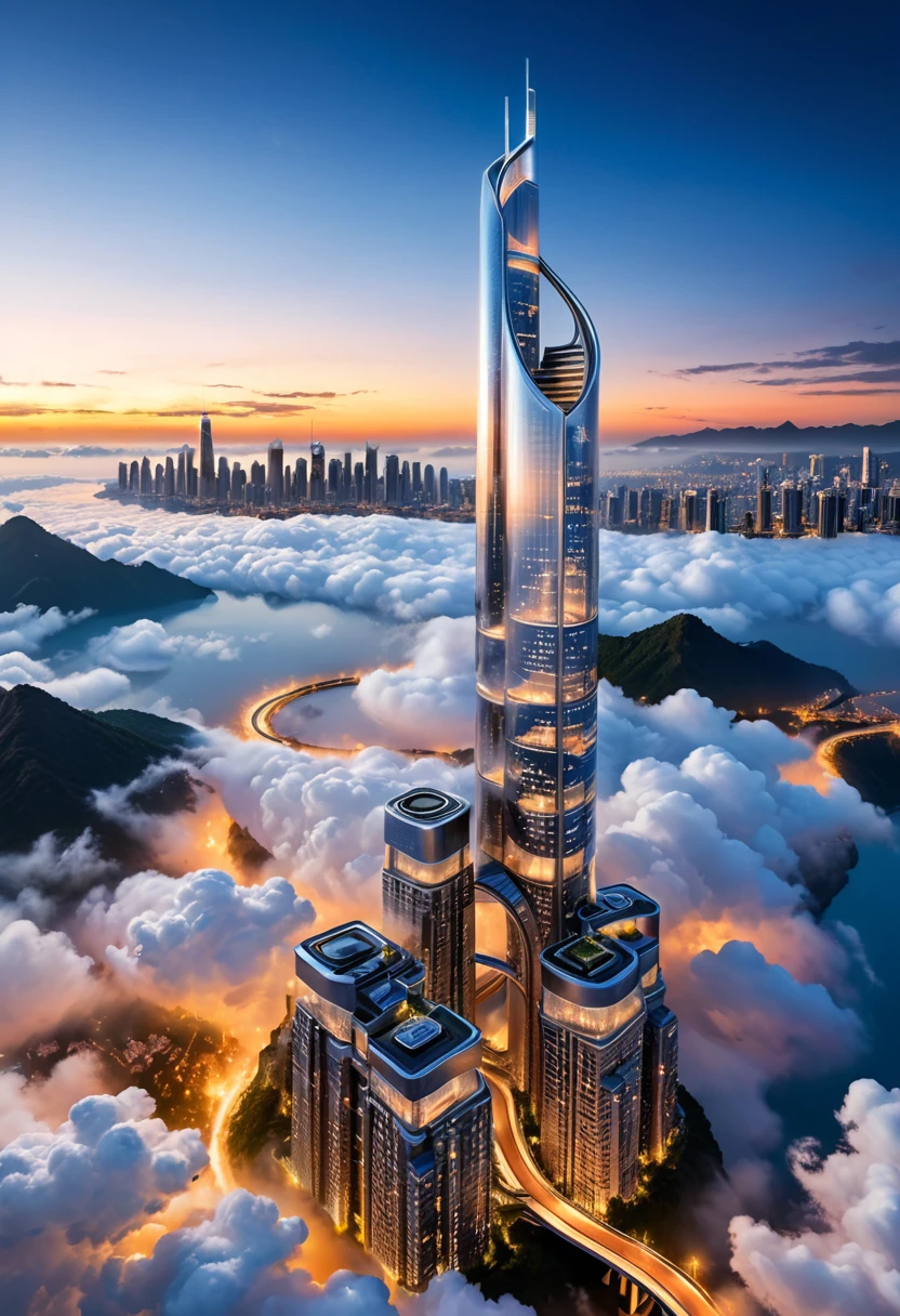 The city stands on top of the clouds, and its buildings are entirely made of liquid metal, which can be constantly transformed and reconstructed according to the wishes and needs of residents. When dawn first appears, tall buildings transform into winding bridges, and at midnight they become dazzling starry towers, presenting an unprecedented picture of life, (masterpiece, best quality, Professional, perfect composition, very aesthetic, absurdres, ultra-detailed, intricate details:1.3)