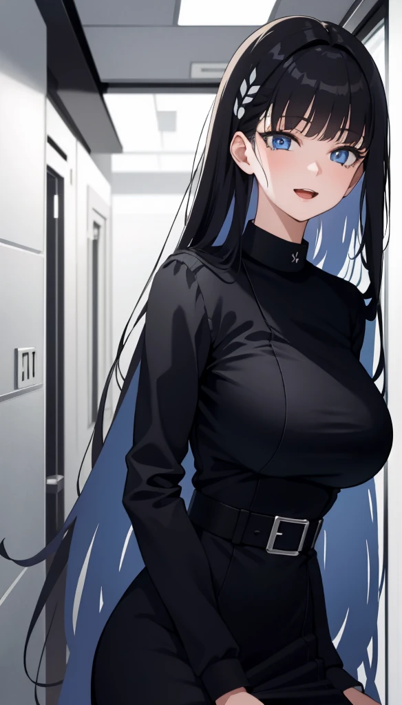 (masterpiece), (best quality), (ultra-detailed), ((girl, 29 years old)), an extremely delicate and beautiful, detailed eyes, minute details, (black hair, long hair, straight hair, hair between eyes), ((big breasts)), smile, open mouth, ((beautiful eyes)), (blue eyes), (upper body), she is wearing a blue dress, (detailed clothes), (detailed background, in a hospital, hospital hallway), (monochrome)