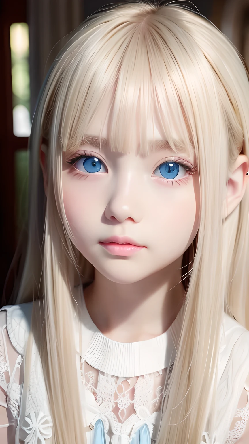 Very beautiful blonde girl、Large, very bright, whitish light blue eyes that shine beautifully、Very big eyes、Extremely white, bright, young skin、Small Face Beauty、Round face、Super long, very beautiful, super long, straight, silky blonde hair、Very pretty bangs that fall on the face、Cute and beautiful face、Very cute 15 year old girl、Cheek gloss highlighter
