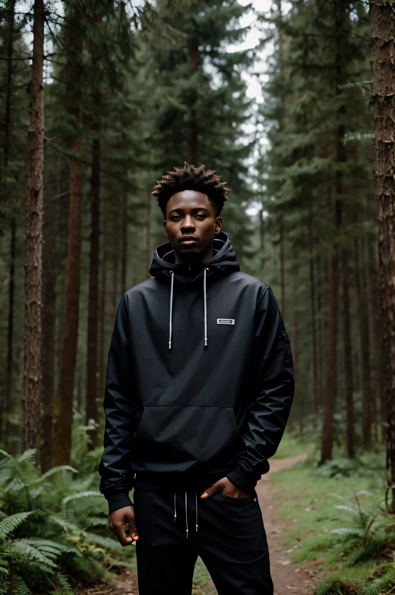 Black rapper standing still, smoking in the middle of the dark forest