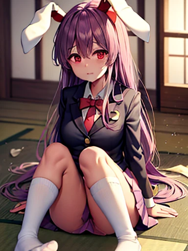 Highest quality、masterpiece、touhou project 、reisen udongein inaba、Navy blue blazer、Pink Skirt、Black knee-high socks、Tatami room、whole body、Sitting、No shoes、Expressionless、View from your feet