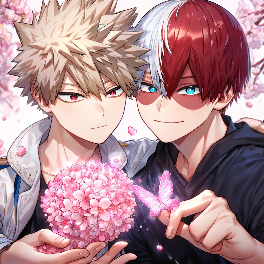 absurdres, highres, ultra detailed, HDR, master piece, best quality, extremely detailed, Todoroki Shouto kid, bicolored hair, right side of the hair white, left side of the hair red, expressive blue eyes, Boku No Hero Academia, Bakugo Katsuki kid, ash-blonde hair, expressive red eyes, two  boys together, yaoi, gay couple, cute, smile, white coat, small, black shirt, magical, sparkling, pink glittering fireflies, pink ice, pink ice butterflies, pink ice petals, pink ice cherry blossoms, pink crystal, pink flowers, pink moon