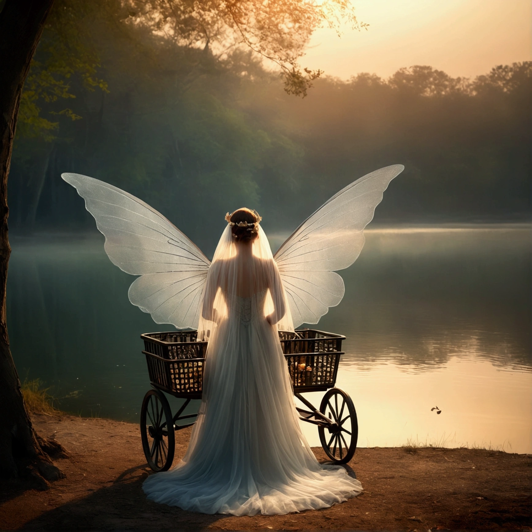girl, alone, Glowing Eyes, Pretty face, Angel Wings, Fairy Cart, Veil, Full body photo, Looking at the audience, Photo Style, Mysterious lake, Hazy beauty, Fantasy feeling, Strange sensation, reality, detailed , The ultimate feature, Atmospheric lighting