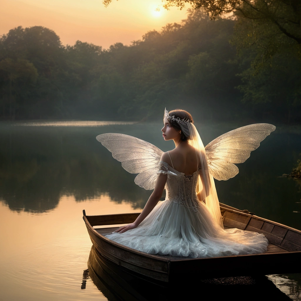 girl, alone, Glowing Eyes, Pretty face, Angel Wings, Fairy Cart, Veil, Full body photo, Looking at the audience, Photo Style, Mysterious lake, Hazy beauty, Fantasy feeling, Strange sensation, reality, detailed , The ultimate feature, Atmospheric lighting