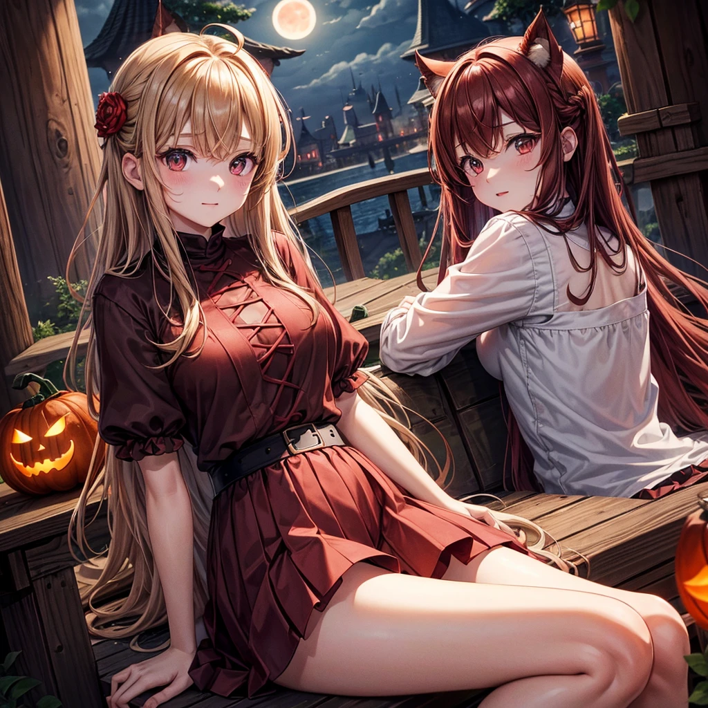 reddish brown blonde、Red eyes、One cute girl、solo、And soul、Light clothing、Checked mini skirt、petal、Wet hair、Sit on、black t-shirts、large tree、cloud、Red full moon、monster castle、Lantern in the shape of a pumpkin、Hell's Gate、barefoot、Stones are piled up、Teeth are visible、Secret Treasure、Wooden chair、Moss grows、Fortress City、water is gushing out、Lightning strikes、Tilting face、Marble floor、Purple lipstick