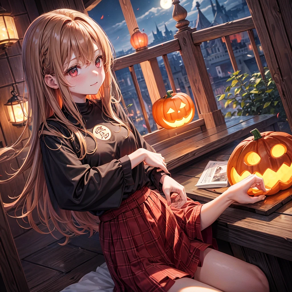 reddish brown blonde、Red eyes、One cute girl、solo、And soul、Light clothing、Checked mini skirt、petal、Wet hair、Sit on、black t-shirts、large tree、cloud、Red full moon、monster castle、Lantern in the shape of a pumpkin、Hell's Gate、barefoot、Stones are piled up、Teeth are visible、Secret Treasure、Wooden chair、Moss grows、Fortress City、water is gushing out、Lightning strikes、Tilting face、Marble floor、Purple lipstick
