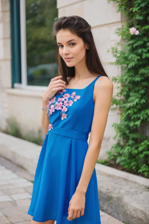 A thin and delicate girl wearing a blue dress with flowers coquettishly