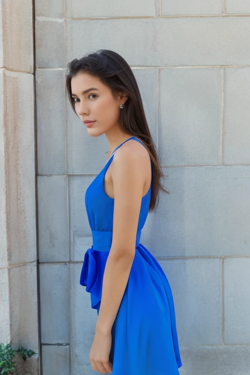 A thin and delicate girl wearing a blue dress with flowers coquettishly
