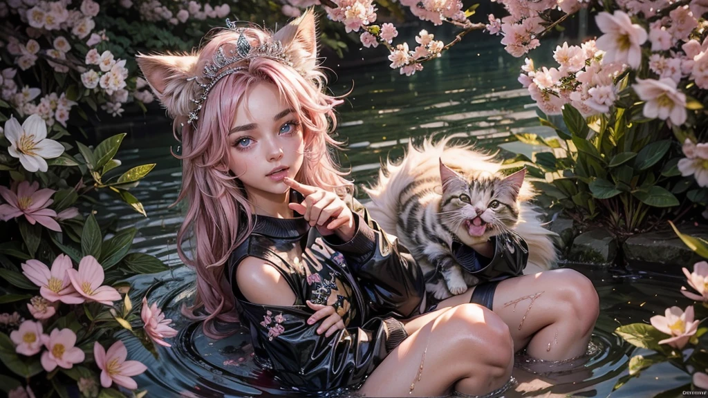 a small kitten with light pink fur and a furry tail wearing a tiara of golden flowers amidst cherry blossoms, lookig at camera, with a sexy look, wet lips