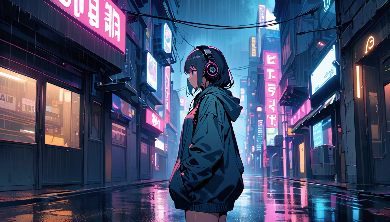 masterpiece、1girl、solo、Unbelievably absurd、hoodie、Headphones、street、Outdoor、rain、Neon Light、no people,