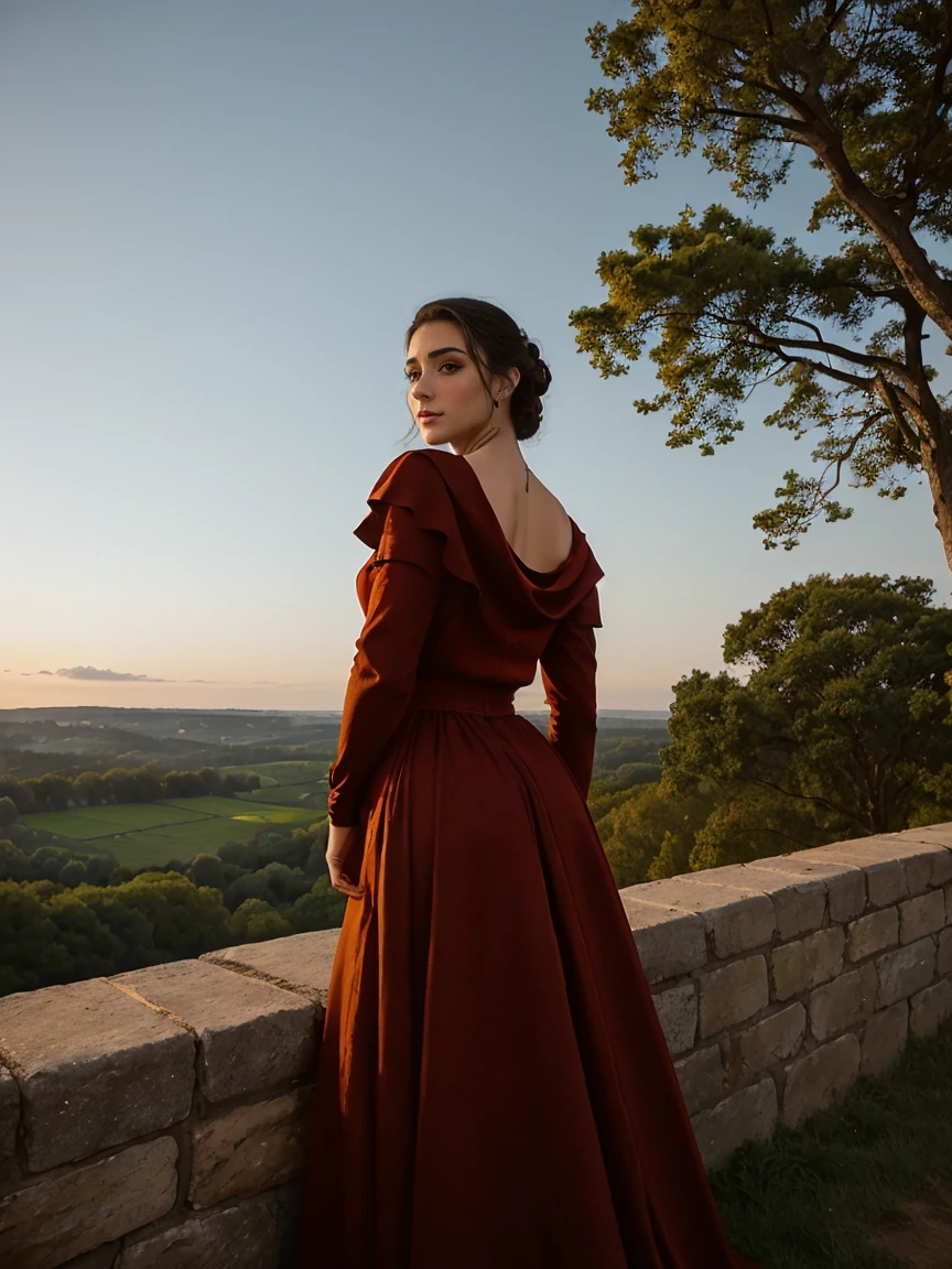 (back view, looking over shoulder, looking at viewer, view from behind), Gorgeous and sultry busty athletic (thin) brunette queen with sharp facial features wearing a modest updo, dark red medieval dress, long sleeves, wide neck, crown, veil, long dress, tight bodice, silver (waist chain), medieval jewelry, Middle Ages, castle, rampart, wall, exterior, on top of a castle wall, trees, countryside, evening, sunset.