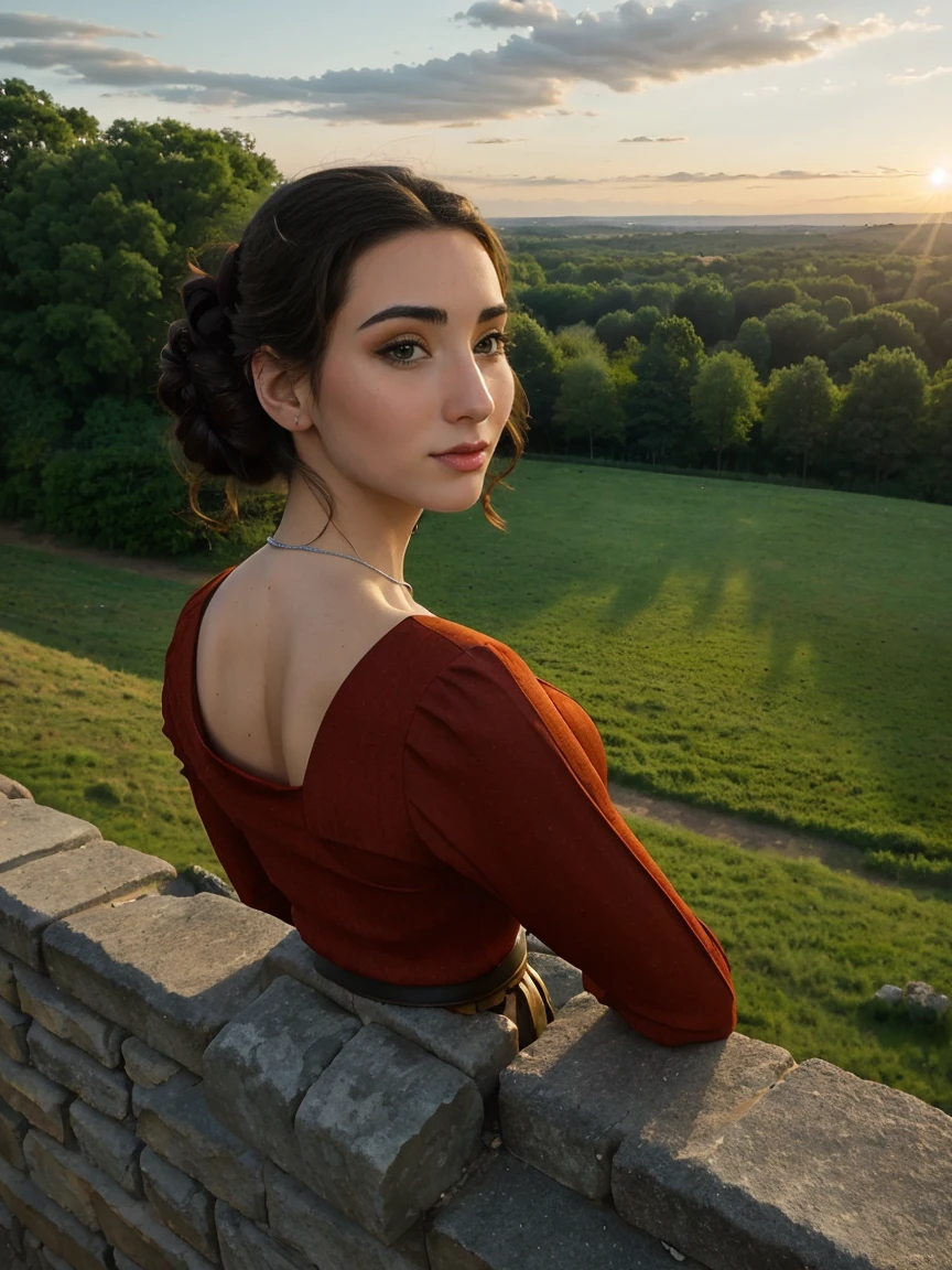 (back view, looking over shoulder, looking at viewer, view from behind), Gorgeous and sultry busty athletic (thin) brunette queen with sharp facial features wearing a modest updo, dark red medieval dress, long sleeves, wide neck, crown, veil, long dress, tight bodice, silver (waist chain), medieval jewelry, Middle Ages, castle, rampart, wall, exterior, on top of a castle wall, trees, countryside, evening, sunset.