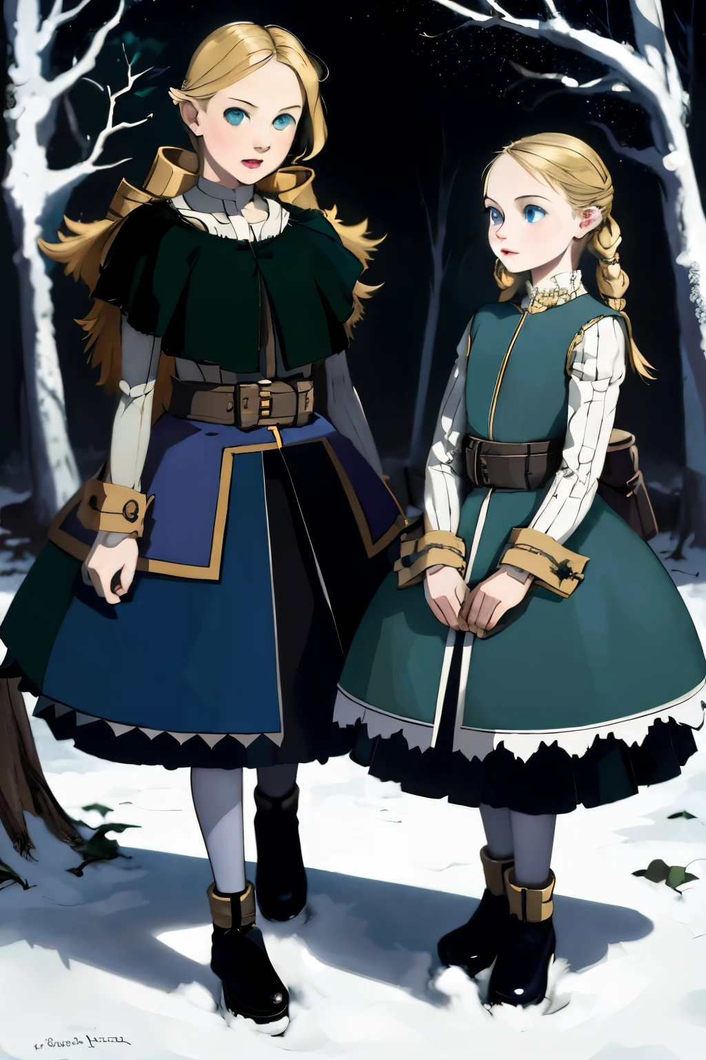 two girls, wide angle, detailed reproduction of a forest surrounded by fog up to a height of one meter. clear starry sky with a big full moon, bare trees, winter, two girls, (Virginia Otis,  (blond hair, blue eyes)) pose with (16 years oldald (blond hair, green eyes)). Victorian style. thin, cute face, walks at night in Canterville Castle (inspired by the novel The Canterville Ghost). aged 1887, Victorian fantasy