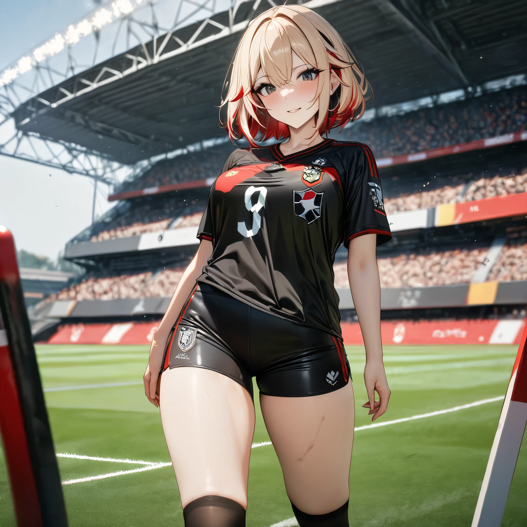 A woman wearing a black shirt, shirt with iron cross coat of arms on the shirt, coat of arms of Germany on the shirt, women's black sports shorts, football uniform, black socks, football shoes, on a football pitch, football stadium, blonde hair , red bangs, short hair, multicolored hair, standing, Azur_lane, KMS_Roon. .UHD, masterpiece, accurate, anatomically correct, textured skin, super detail, high quality, best quality, 8k, high resolution, bokeh effect.(solo woman)