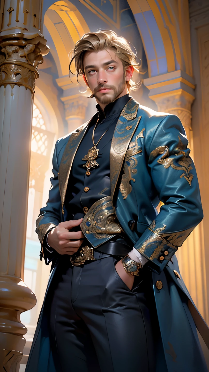 (naughty man:1.5),1 naughty man,mascle, muscle, 1 young boy, muscle, breastplate, muscular, Mature naughty man,age 45,1 naughty man,mascle naughty man,((hair blonde,cute hair style,short hair blonde)),(((very short blonde beard, very short blonde beard))), (((cerulean_eyeballs:1.3))),intrikate eyeballs,beautiful detailed eyeballs,symmetrical eyeballs,Thick, ((face detailed)),mascle naughty man,
(mascle caucasiano tenet),tenet,
(((shining skin:1.5,skin tanned,shining skin: 1.5,skin tanned,shining skin,very shining skin,shinny body))),mighty,Heroic,NSFW,
caucasiano,chic,
(open coat, arabic fashion,Arabic Jacket, jeans,white shirt, male characteristics, Modern flair,arab clothes),(((cerulean coat, cerulean coat outfit, wearing a cerulean coat:1.3,arabian cerulean coat))),(arabic jewelry,intrikate necklace),((bulge in pants)),(((intrikate outfit,intrikate clothes,ornate outfit))),
(dynamic pose:1.0),embarrased,(centred,scale to fit dimensions,rule of thirds),
Inside the house,(huge columns of an Arabic palace,Arab palace,Arab palace background),Scenario,extremely Scenario,Arabic style,
(Bright Winter Ornaments),high resolution,sharp focus,(ultra detaild,extremely detaild),(photorealistic art:1.37),(extremely detaild CG unity 8k wallpaper),(((swirly vibrant colors,vibrant theme))),(intrikate),(work of art),(best qualityer),Artistic photography,(Photograph taken by SLDR),(intrikate background),perfect rendered face,perfect face details,lifelike face,photo realist,((intrikate detail)),(((真实感))),
