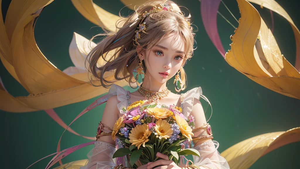 32K, 最高quality, 最高masterpiece, (ultra-Detailed Background, Detailed Background), Absurd, High resolution, Super detailed, Very detailedな, One girl, (bouquet:1.3), (Tangled:1.2), (Geometric:1.2),(colorful),(masterpiece, quality, best quality, Official Art, Beautiful and beautiful:1.2), (1 girl:1.3), Very detailed,(colorful:1.1)(Flowers:1.3),Most detailed,(Tangled:1.2), whole body, (Abstract background:1.3), (Skin glows), (Many colors:1.4), ,(Earrings Jewelry:1.5), Pale yellow background,