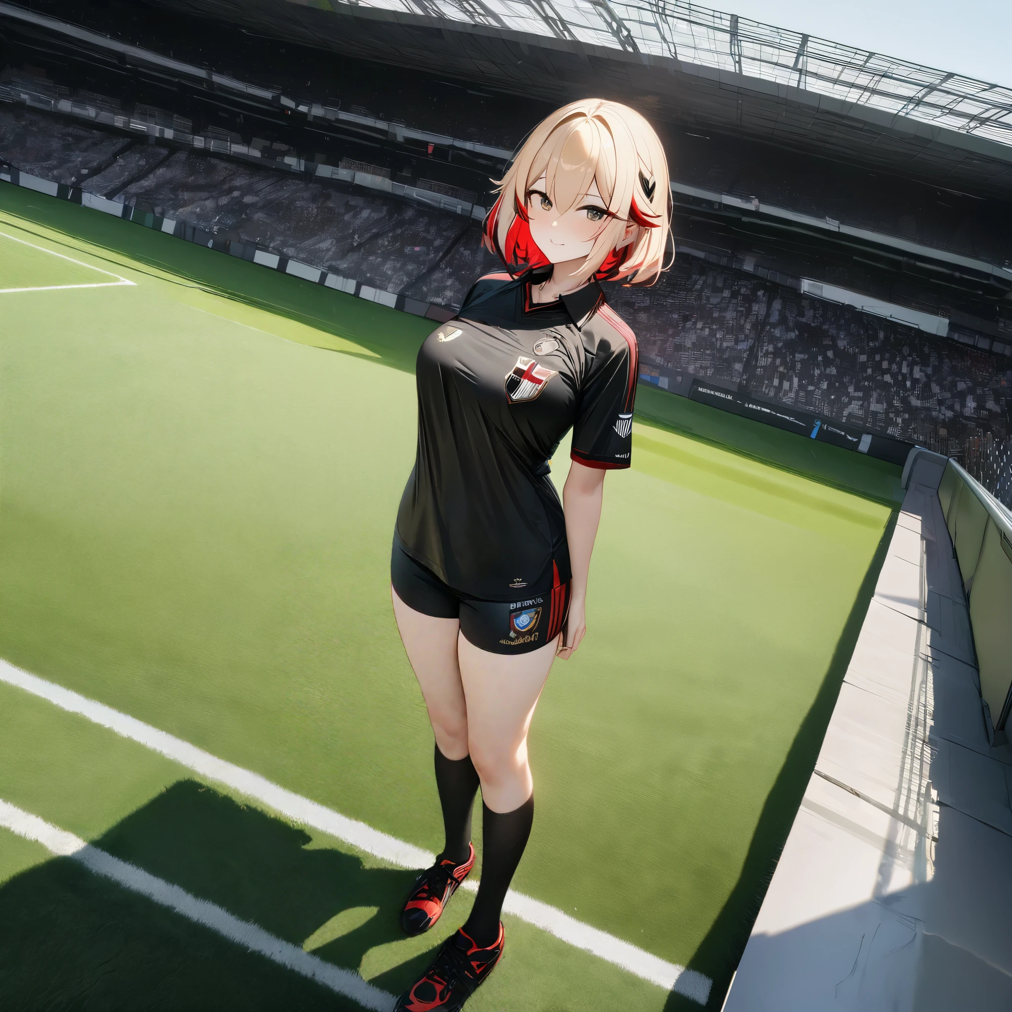 A woman wearing a black shirt, shirt with iron cross coat of arms on the shirt, coat of arms of Germany on the shirt, women's black sports shorts, football uniform, black socks, football shoes, on a football pitch, football stadium, blonde hair , red bangs, short hair, multicolored hair, standing, Azur_lane, KMS_Roon. .UHD, masterpiece, accurate, anatomically correct, textured skin, super detail, high quality, best quality, 8k, high resolution, bokeh effect.(solo woman)
