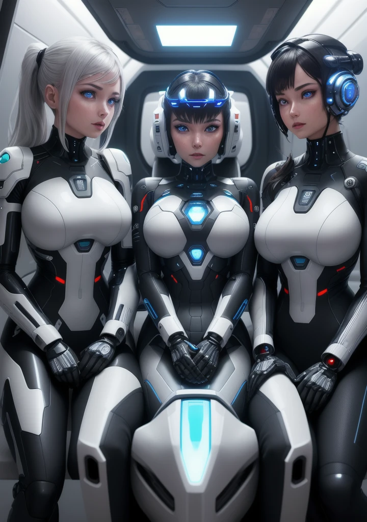 ```
Futuristic spaceship interior, searching for alien life in the galaxy.
Expansive high-tech cockpit with five advanced pilot seats.
Five beautiful female cyborgs, one seated at each station:
- Clearly visible cybernetic features: metallic skin, glowing eyes
- Diverse appearances, all attractive with subtle robotic elements
- Wearing sleek, form-fitting uniforms
Two cyborgs actively piloting the ship, hands on holographic controls.
Three cyborgs operating and monitoring complex instrumen