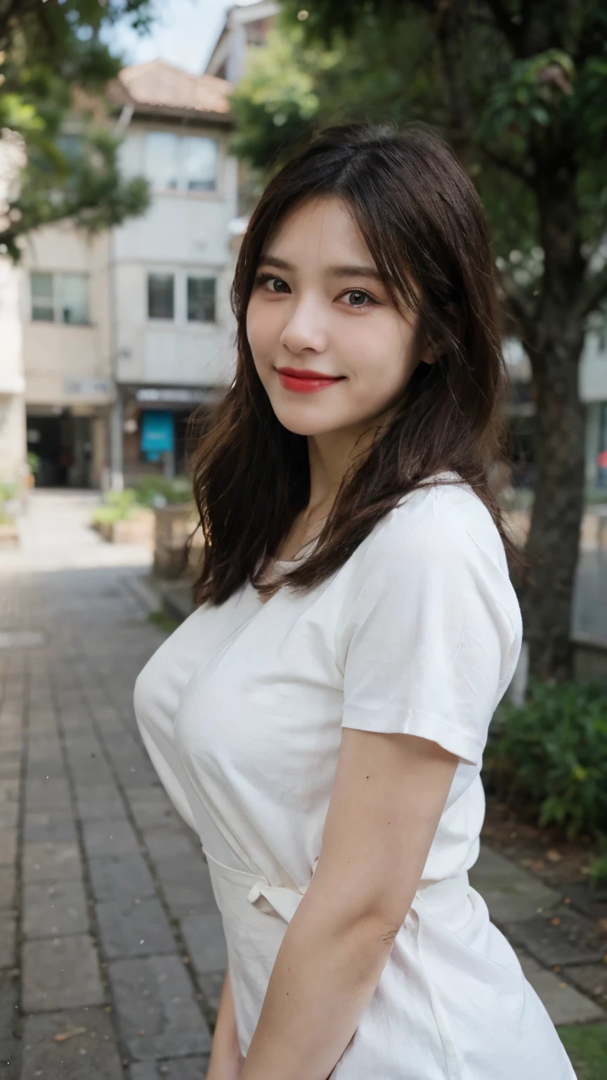 Standing in the park, Wrinkles around the eyes, Smiling with teeth showing, Plain short-sleeved clothing, senior citizen, Draw lips correctly, Red lipstick, No discomfort, 16K, Highest quality, Very detailed, Realistic, Very detailed肌, (Japanese), (alone), 60 years old, Large Breasts, , Glamour, sexy, Chromo White Skin, Staring straight ahead,