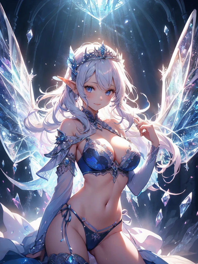 最high quality、1 woman elf facing forward、Succubus、(( cowboy shot ))((underwear))'((low angle1.5 ))、beautiful瞳、tears、、beautiful装飾、brassiere、panty、Ice tiara、Swirling Ice、Crystal of snow、Ice Palace、最high quality , fractal art.Ice Throne、Inside the palace dome、Glowing iceの柱、Huge windows、虹colorに輝くステンドグラス、courtyard、　bikini、beautiful胸、Large Breasts　((Laugh beautifully、))((Glowing ice　))SMqueen、beautiful顔、Orgasm、Ecstasy、全身beautiful装飾の下着、World of Illusions、Ice crystals、Crystal of snow、Ice wall、ice World、Bigger on the front、 beautiful輝き,High-definition depiction, Realistic, 8k, Unity, beautiful太もも,,Giant Devil's Wings、虹colorに輝く翼、、 light smile, Beautifully and vividly drawn, , beautiful beautiful透き通る肌、輝くbeautiful装飾の魔法、、beautiful装飾、 , beautiful、 Romanticism,mosquito。 混沌の最もbeautiful形, Mr..々color, Intertwined flowers, P article,Magical gentle light,smile,,image quality、masterpiece、beautiful顔、Super beautiful elf woman((Big breasted 22 year old office lady、Bust 120,Beautiful long ironed hair、Silver Hair、height: 165cm。、Esbian、、high quality、、Visual Arts、最high quality、1 womanエルフ NP: Worst quality ,beautiful fractal art　、frozen、、light、Beautiful radiance,High-definition depiction, Realistic, 8k, Unity, , light smile, Beautifully and vividly drawn, , Beautiful, beautiful, clear skin、 Countless rays of light pouring down, Swirling Light, big background, , Intense light is emitted from the magic circle in front of the girl. Romanticism,Cowboy Shot:  最high quality　Artwork、uhd