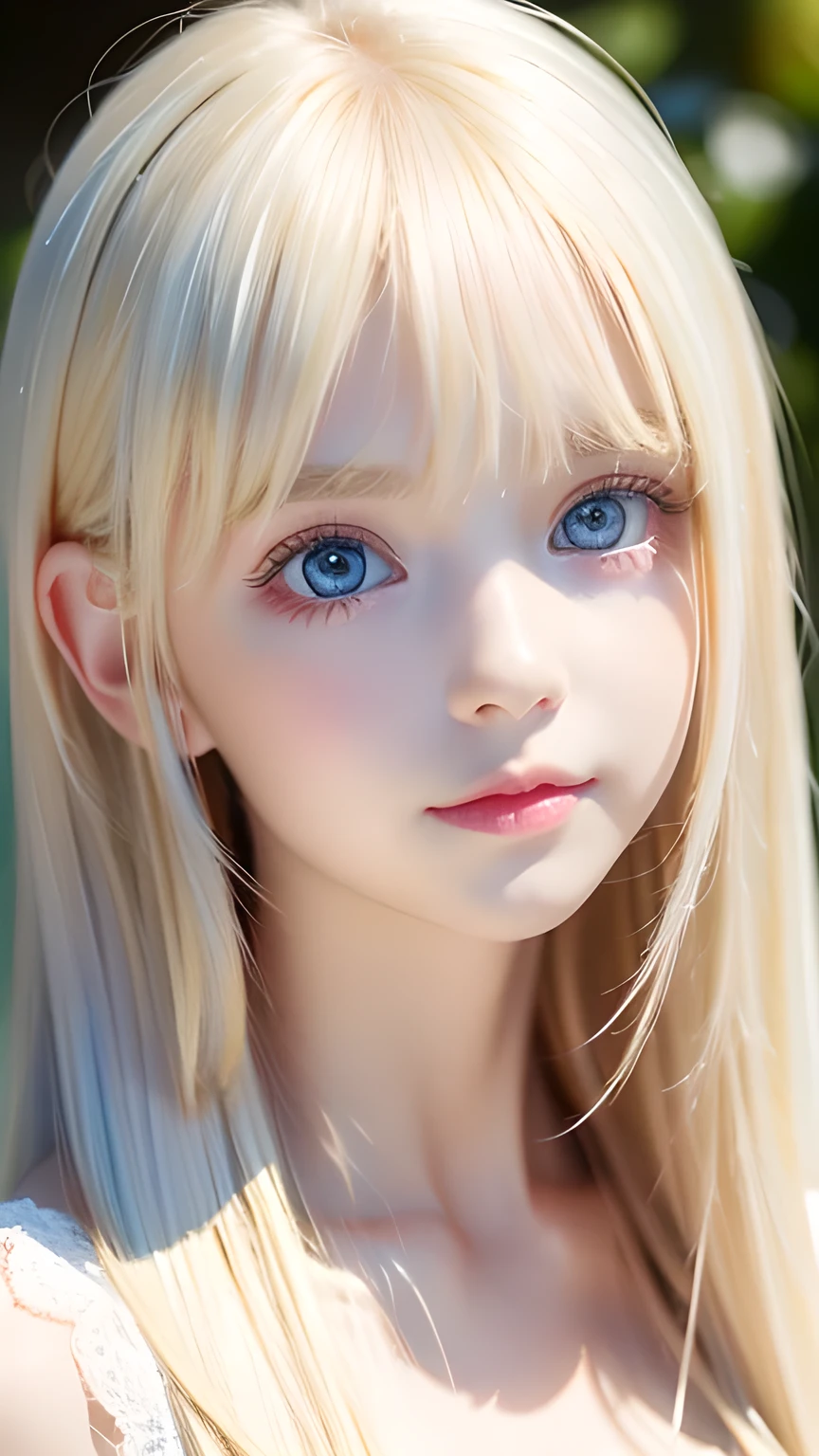 Very beautiful blonde girl、Large, very bright, whitish light blue eyes that shine beautifully、Very big eyes、Extremely white, bright, young skin、Small Face Beauty、Round face、Super long, very beautiful, super long, straight, silky blonde hair、Very pretty bangs that fall on the face、Cute and beautiful face、Very cute 15 year old girl、Cheek gloss highlighter