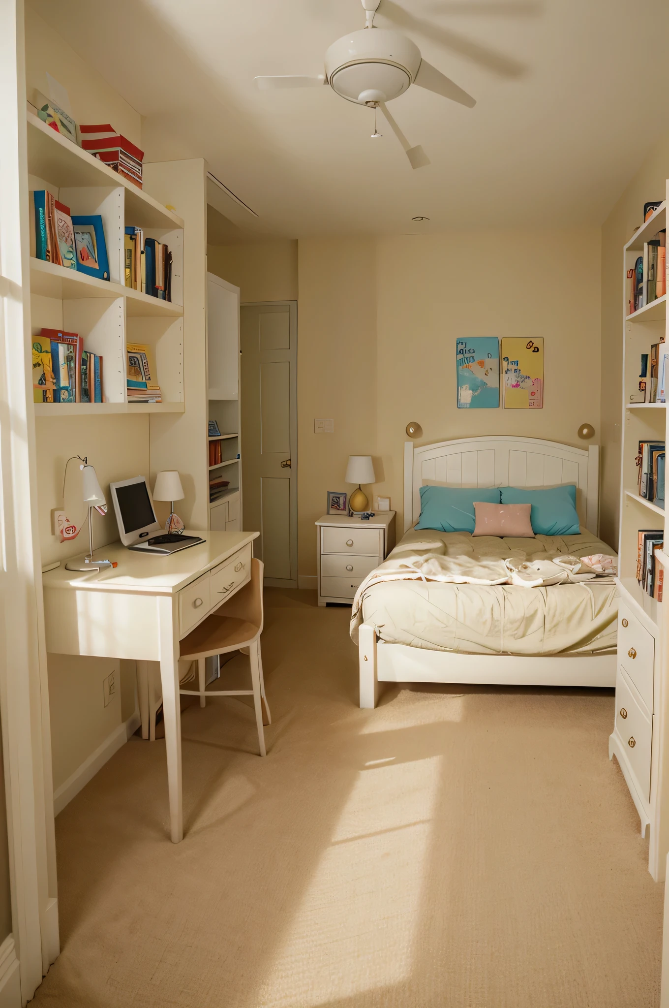 Close-up of a room with a desk and bed, Games Room, In a small room, Bookshelf على كلا الجانبين, Interior for the child'Bedrooms, children'Bedrooms, bright room (bright room), Fun and cheerful, Girls Room, Bookshelf, Boys room, Cream - color room (Cream colored room), Small library, Crowded room, Nice room, Bookshelf Small library, Reading space