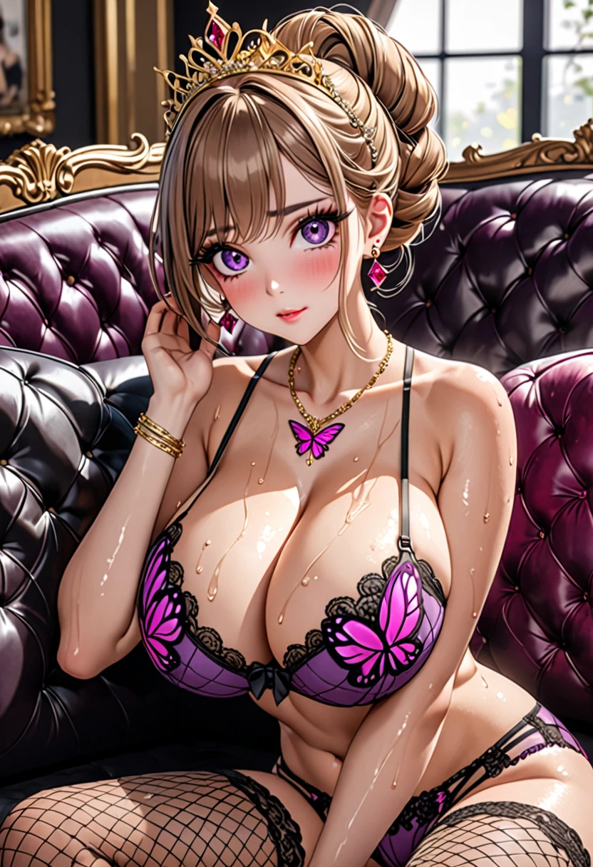 (((Highest quality, Ultra-high resolution、The most complex and detailed depiction)))、((masterpiece:1.3)), (8k, RAW Photos, Best image quality: 1.4), (Very detailedな顔、Attention to detail、Cute woman:1.4),(Realistic:1.4) (8k, RAW Photos,), (photo-Realistic:1.4), Very detailed, Beautiful attention to detail, (girl:1.3)、(Embarrassing、He looks at me with a sad expression、Ecstatic expression,blush)、(Dark eyeliner、Eyelash length、False eyelashes、double eyelid、Brown eyes),(hostess:1.2),((Purple and dark pink butterfly pattern bra)、(Purple and dark pink butterfly pattern panties))、(Gorgeous ruby necklace、Large gold earrings)、(Gold bracelet、A gorgeous gold tiara studded with jewels)、(Sheer white lace skirt、Mesh fabric、Fishnet tights),(White opera gloves)、(High heels),(Huge breasts:1.6)、(Cleavage:1.2)、(((Light brown hair、Braided Hair、((Tie your hair up,Give hair))、Gal-style makeup、(Dark eyeliner、Black eyeliner、Heavy eye makeup、Eyelash length、False eyelashes、Eyelash length)、Slit eyes、Large pupils、elongated nose、Heavy makeup、Face with gills、(((Perfect Style)))、Spread your legs座る、Spread your legs、sexy、(Saggy breasts、Large saggy breasts)、((Sweat、Your body is wet))、(((Luxurious black sofa、Spread your legs座っている)))