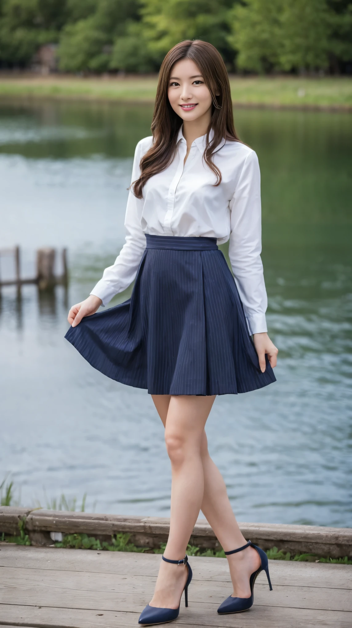 ((masterpiece)),(((Highest quality))),A low-angle shot that highlights her beautiful thighs and crotch:1.5,Long legs,The best smile:1.5，Slim figure:1.5，whole body:1.5，(One Girl:1.3),(Viewer Display:1.4)，(Pointy high heels:1.3),(Standing with legs wide apart by the lake:1.2),(Wearing a striped long skirt dress:1.2),Long Curly Hair:1.5，