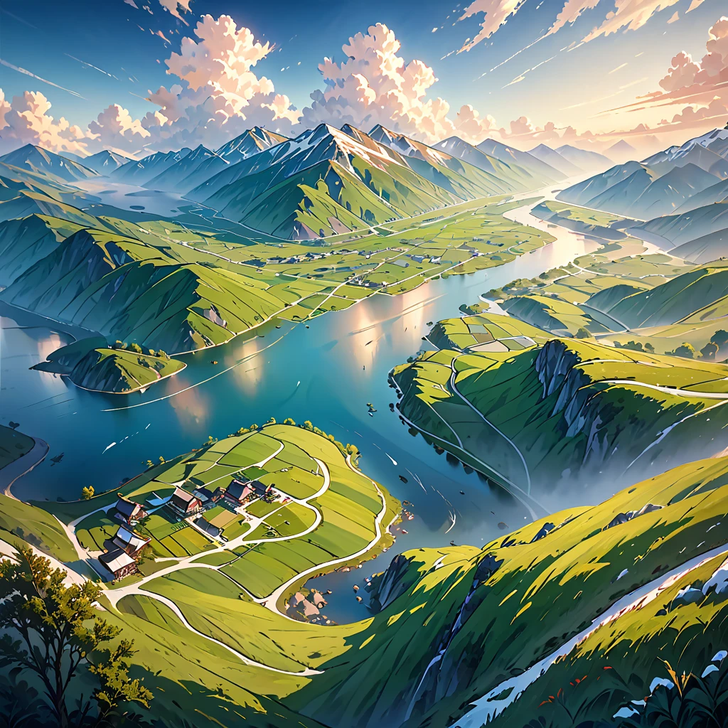 Bird's-eye view flying 800 meters above the ground, From above the clouds looking down at (right angles1.2) onto the fields below, beautiful landscape, aerial photography, rolling hills, lush meadows, countryside, meandering river, snow-capped mountains, dramatic clouds, morning light shining in from an angle, natural dramatic lighting, cinematic composition, stunning vistas, breathtaking scenery, serene atmosphere, peaceful countryside, (highest quality, 4k, 8k, high resolution, masterpiece 1.2), ultra-detailed, (realistic, photorealistic, photorealistic 1.37), landscape photography, vibrant colors, natural light, detailed lighting, dramatic shadows, vibrant colors, fantasy, digital art, concept art