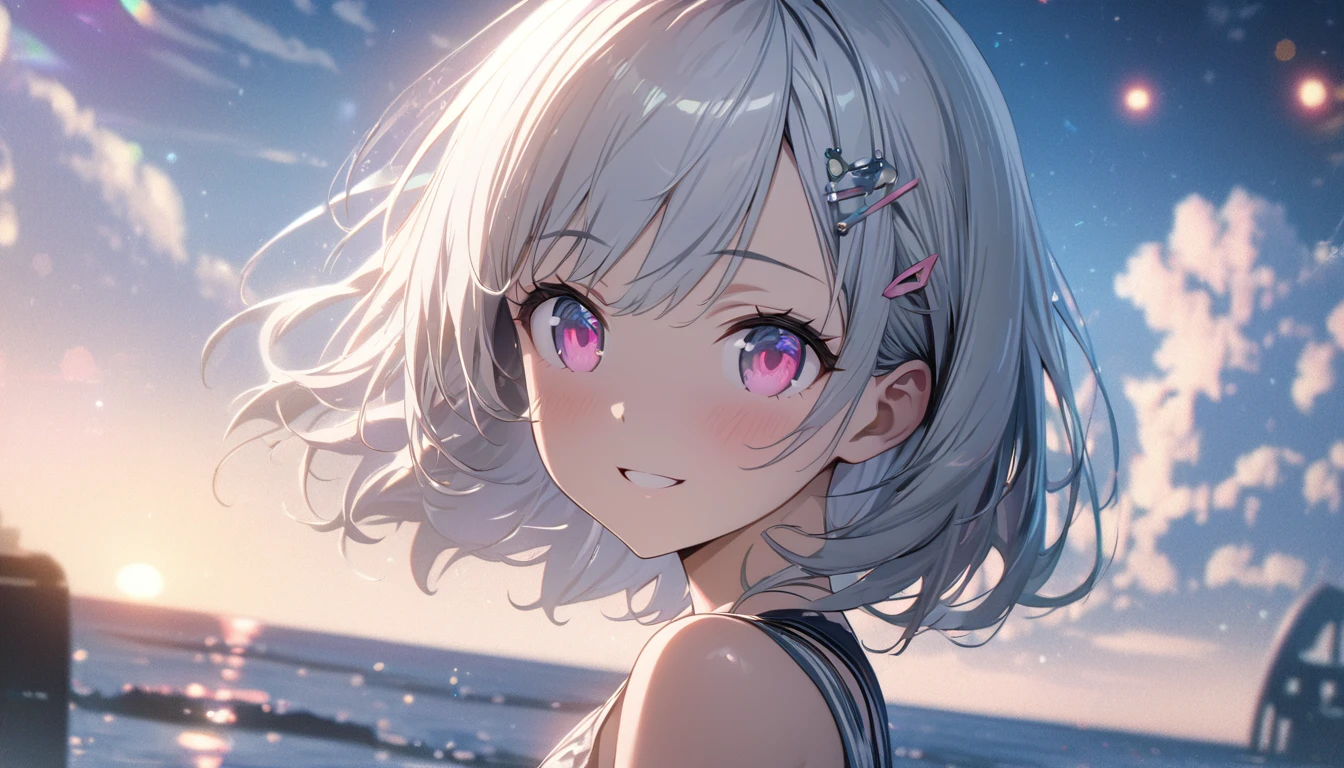 one girl, silver short hair and bob hair、I tied my hair in a bun with a hair clip..、beautiful pink eyes、smile、gentle smile on her face、flat chest, one Beautiful girl,((masterpiece, illustration, best quality) ((ultra-detailed)) woman, Silver flowing short hair, Cosmic eyes, Beautiful sky, Beautiful clouds, In summer,Improve resolution, 濃い青とBeautiful Blueのグラデーション, High resolution, 8K HD detail, hyper-detail, cinematic, surrealism, soft light, deep field focus bokeh, ray tracing and surrealism. --v6
