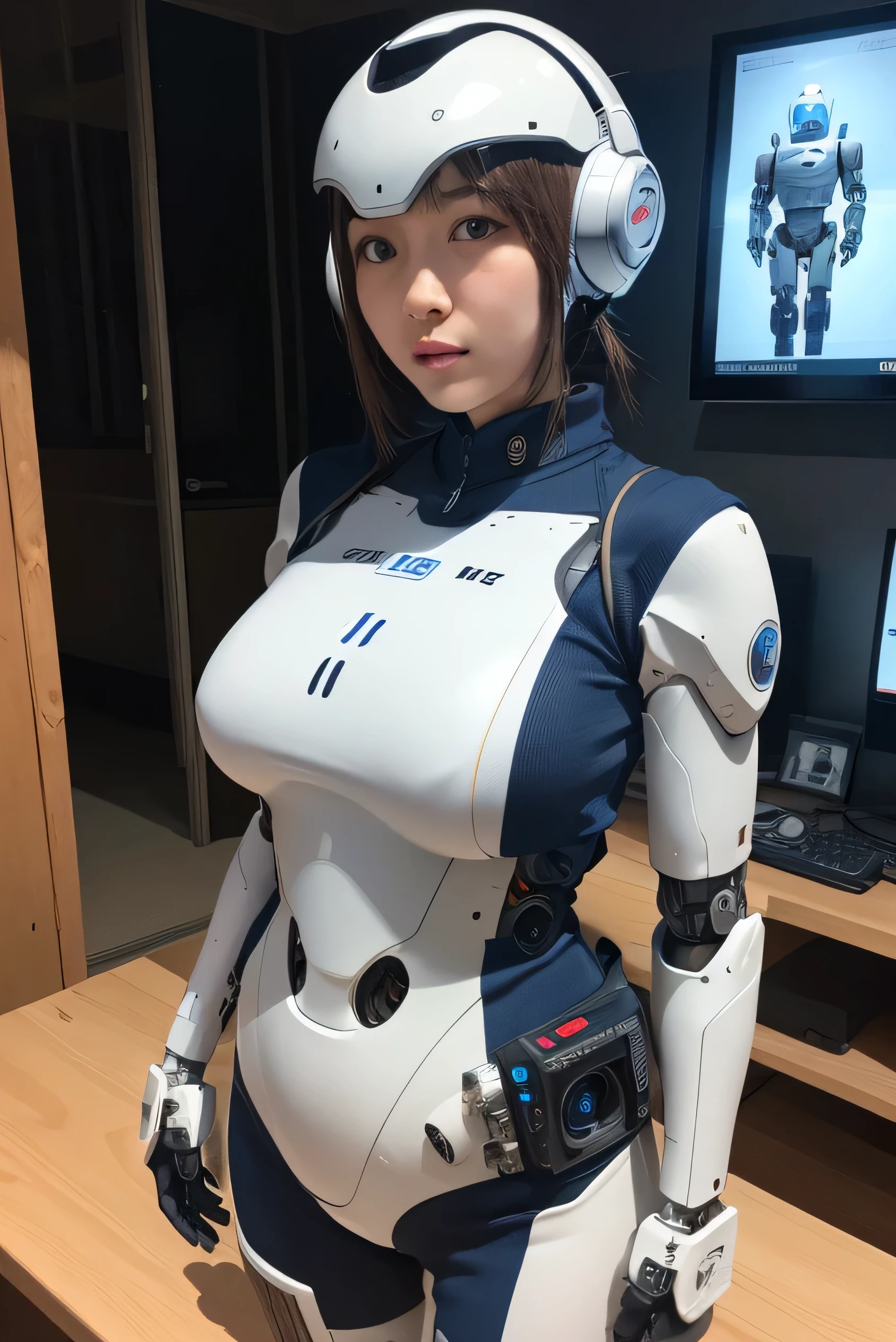 masterpiece, best quality, extremely detailed, Japanese android girl,Plump ,control panels,robot arms,robot,android,cyborg,white robot body,ceramic body,perfect robotgirl,police,helmet,head cover,police uniform,blue eyes,