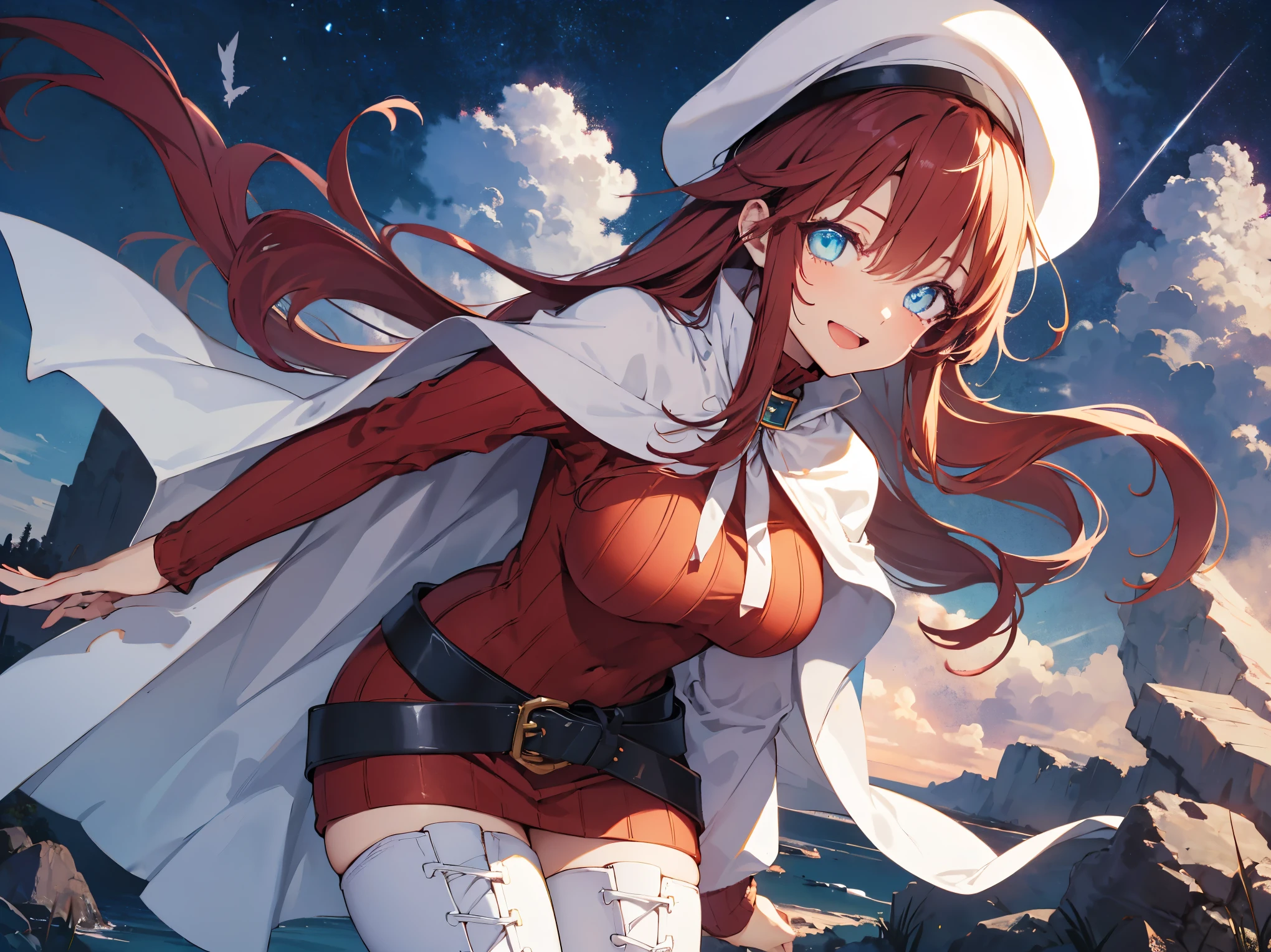 summonnightaty, aty, (young:1.3),long hair, blue eyes, red hair, big_tits, hat, glasses,
BREAK long hair, thighhighs, hat, dress, naked_legs, glasses, belt, cape, sweater, zettai ryouiki, beret, thigh boots, white footwear, ribbed sweater, loose belt,solo,
BREAK outdoors, fantasy,
,Highquality_hads,perfect_fingers,
BREAK (masterpiece:1.2), best quality, high resolution, unity 8k wallpaper, (illustration:0.8), (beautiful detailed eyes:1.6), extremely detailed face, perfect lighting, extremely detailed CG, (perfect hands, perfect anatomy),covered_nipples,covered_navel ,half_eyes,long_sword,sleepy_eyes,red_sweater,apart_knees,magical_effect,spread_legs, have_a_book,teacher,rise_knee,Smile,rise_hand,look_down_viewer,spread_arms,,looking_into,plump,open_mouth, dynamic_posing,solo,in_Emodern_town_landscape,night_sky,solo