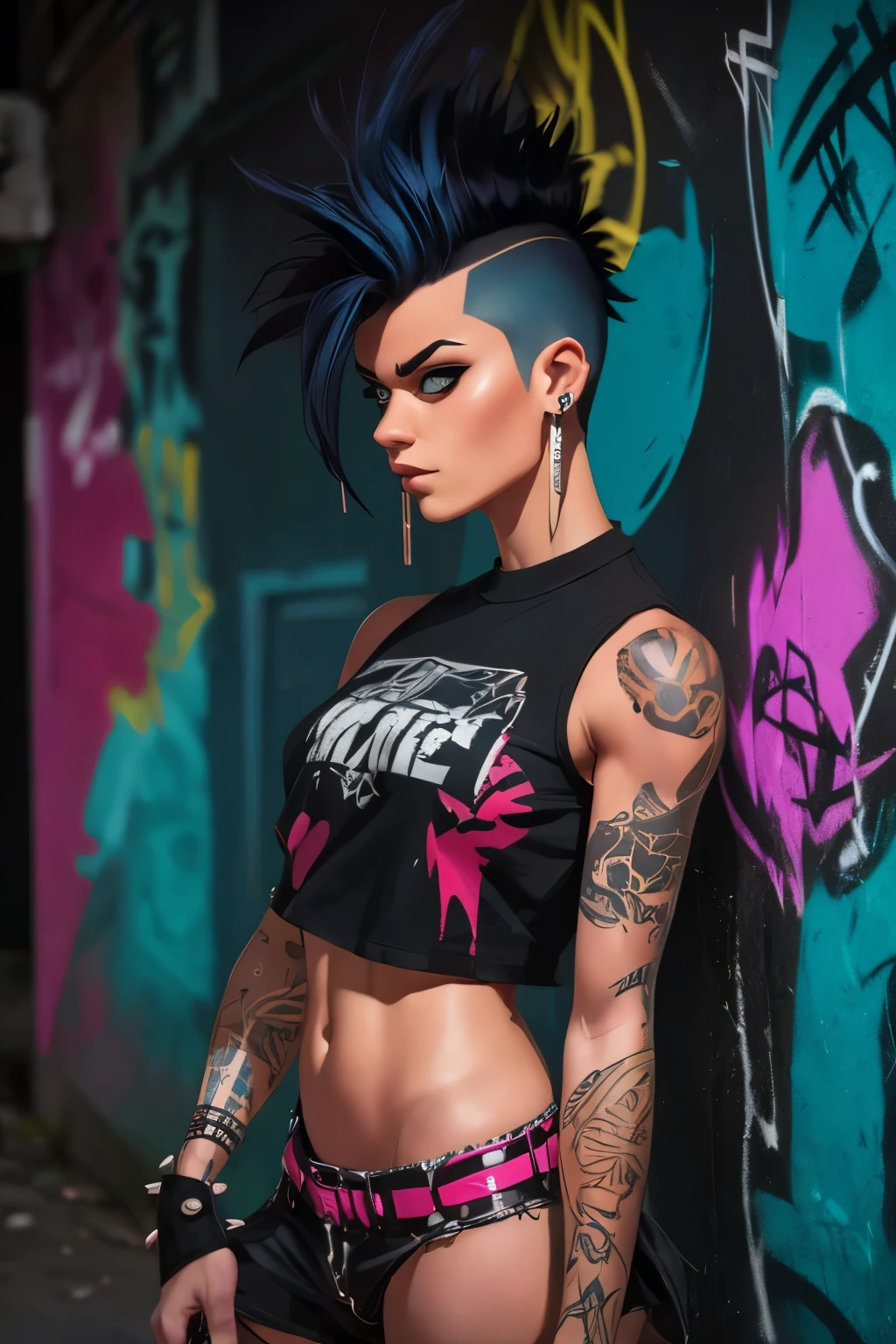 ((Cartoon ART)), ultra-detailed, ((side viewer, looking to spectator)), ((hot Rocker punk girl, spiky Black mohawk hair)) girl, hot Body, Nice Butt, abs, tattoo, t-shirt nipples, portrait photo, Solo, Brazilian Girl dimly lit room, edgy urban scene with graffiti, dark and moody, late evening, city lights flashing, neon lighting The essence of rock and roll, (((spike hair))), 18 years old, assertive, confident expression, showcasing multiple piercings, blurry background, analogue style, grunge texture, Best contrast, industrial, Instagram LUT, Professional, 4k, electrifying gaze, shot on Nikon, 50mm, shallow depth of field, ((Abandoned Graffiti Wall Background, cinematic lighting )).