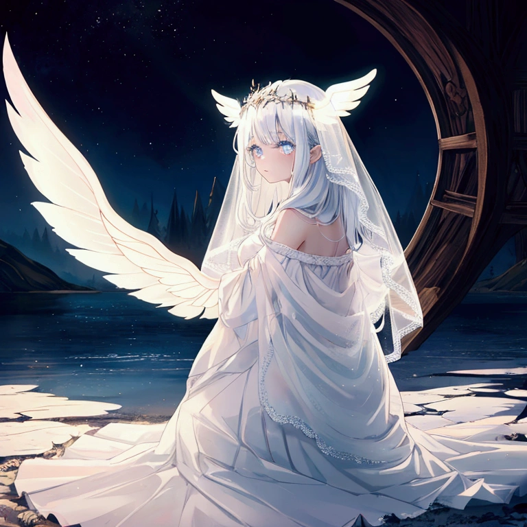 girl, alone, Glowing Eyes, Pretty face, Angel Wings, Fairy Cart, Veil, Full body photo, Looking at the audience, Photo Style, Mysterious lake, Hazy beauty, Fantasy feeling, Strange sensation, reality, detailed , The ultimate feature, Atmospheric lighting