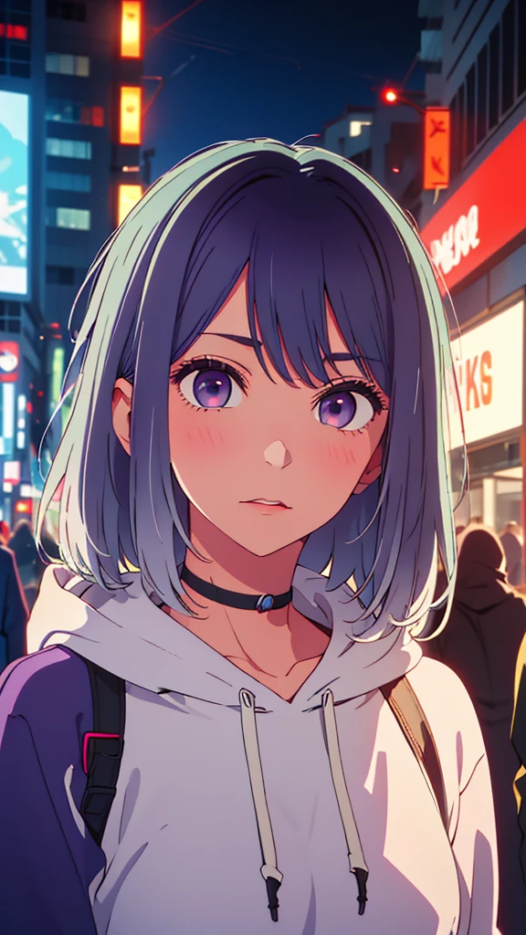 Man wearing a hoodie purple eyes white hair short hair cold stare ,cyberpunk neon detailed face