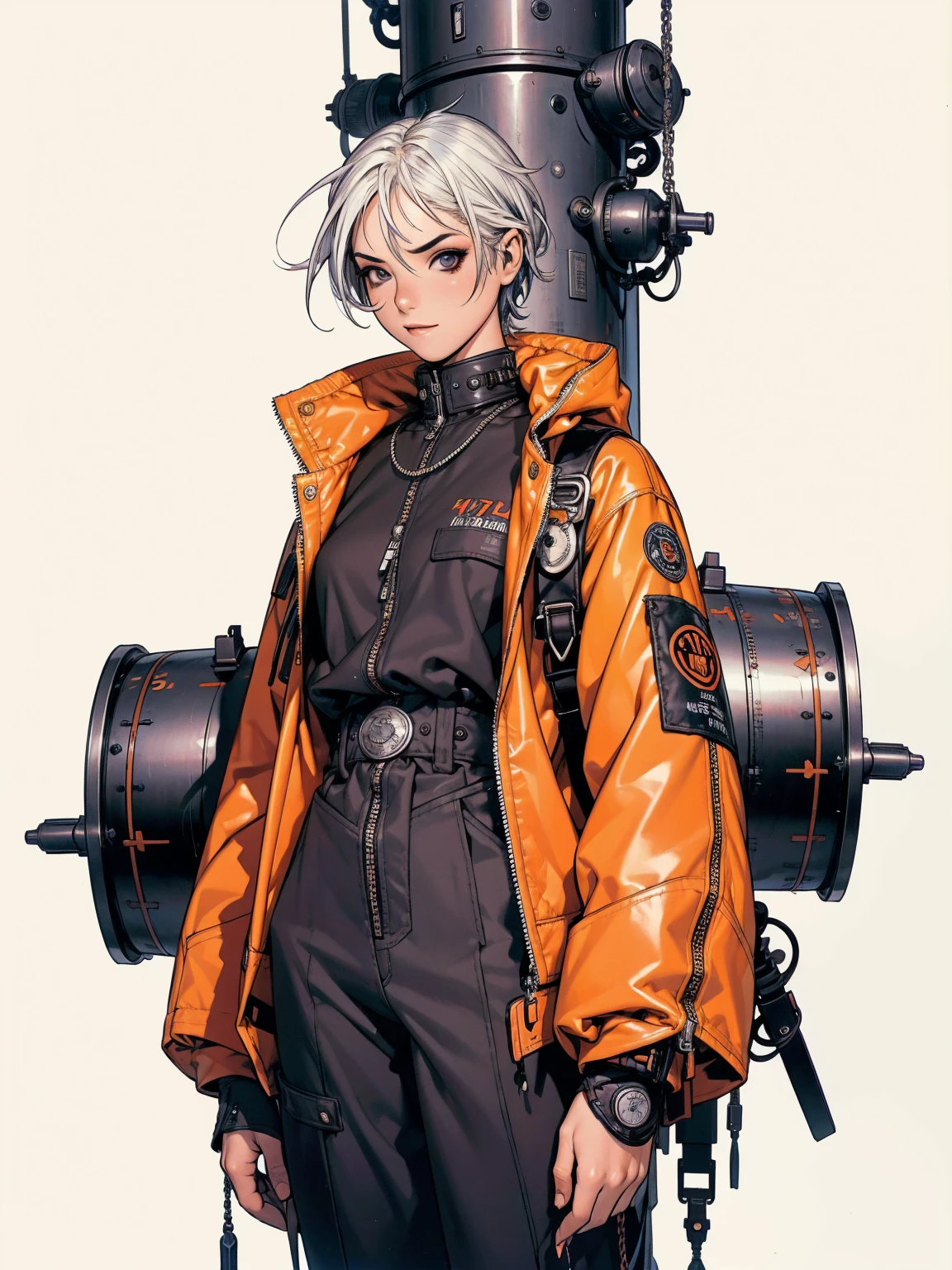 (((best qualityer))), (((manga strokes))), (((white punk hair))), jacket with rivets and screws, uma Kizi jovem muito bem vestida com roupas modernas de inverno, pants with red and black zig-zag pattern, top gift vertical stripes, short jacket with dark fur collar, beautiful and expressive face, slightly-smile, big eyes with long black eyelashes, heavy make-up, chains and zippers spread across clothes, contrasting colours, pose de atitude, hair with a modern and futuristic cut, urban game poster art, dramatic camera angles, graffiti art elements in the background, design mixing contemporary and retro by Shepard Fairey, (((cowboy shot))), (((best qualityer: 1.4))), (Unbeatable masterpiece), (hiper HD),(CG 8k hyper-realistic), Kizi, (((standing alone))), pirralha violent, (((14歳))), sexly, pose de atitude, work of art, post-apocalypse, (((manga style))), bounty hunter, violent, Manic, the way you want, slenderbody, thin but strong, perfectbody, roupa moderna, advanced technology, neon, sleeves with vertical striped pattern, neutral background, (( cowboy shot )). intricate visual