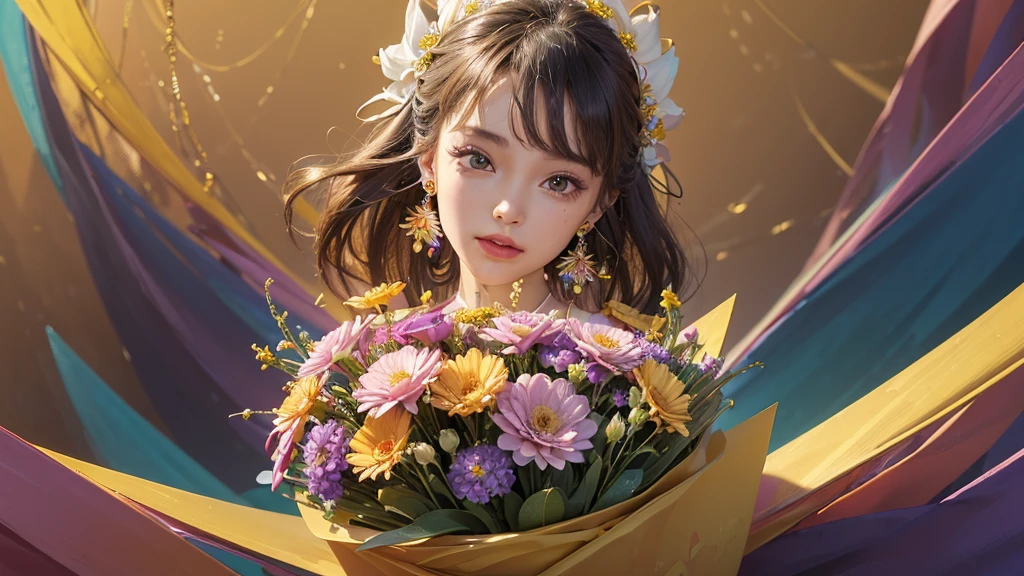 32K, 最高quality, 最高masterpiece, (ultra-Detailed Background, Detailed Background), Absurd, High resolution, Super detailed, Very detailedな, One girl, (bouquet:1.3), (Tangled:1.2), (Geometric:1.2),(colorful),(masterpiece, quality, best quality, Official Art, Beautiful and beautiful:1.2), (1 girl:1.3), Very detailed,(colorful:1.1)(Flowers:1.3),Most detailed,(Tangled:1.2), whole body, (Abstract background:1.3), (Skin glows), (Many colors:1.4), ,(Earrings Jewelry:1.5), Pale yellow background,