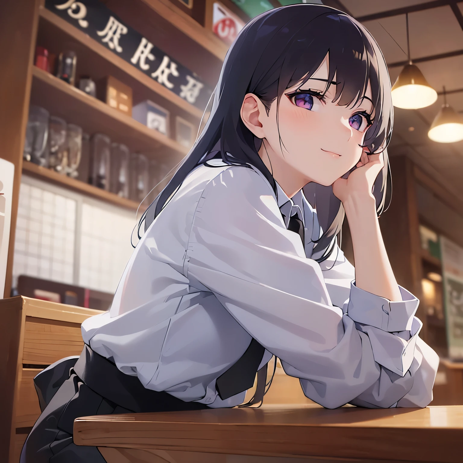 (looking away:1.5),Side shot,head rest, Realistic, real person, (pale skin: 1.2), RAW photo, photorealistic, shiny skin, shiny hair、 (A 25-year-old woman with straight hair and bangs) and (medium hair) and (black hair) and (purple eyes) , (Wearing a business suit) and (Wearing a white collared shirt)、 smile,Sitting、The background is the interior of an izakaya at night.,
