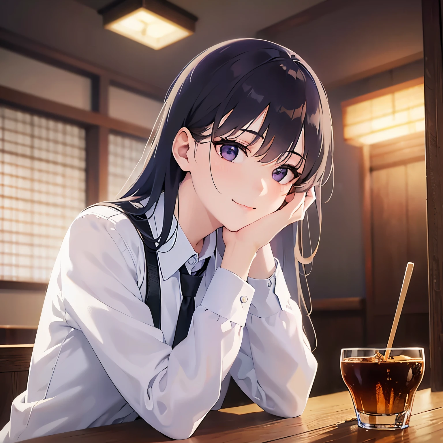 (looking away:1.5),Side shot,head rest, Realistic, real person, (pale skin: 1.2), RAW photo, photorealistic, shiny skin, shiny hair、 (A 25-year-old woman with straight hair and bangs) and (medium hair) and (black hair) and (purple eyes) , (Wearing a business suit) and (Wearing a white collared shirt)、 smile,Sitting、The background is the interior of an izakaya at night.,