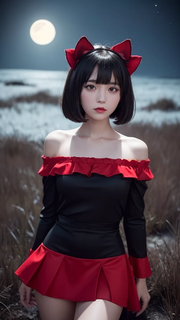 Delicate and dainty young woman with shiny bob-cut black hair and cat ears. She is wearing an off-the-shoulder bright red mini-skirt dress. The background is a fantastic and ethereal night sky that seems to be haunted by a specter. Her expression is stern and atmospheric. Angle from directly below.