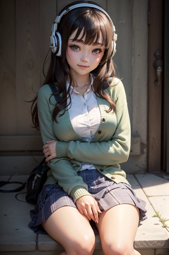 (masterpiece), Highest quality, Expressive eyes, Perfect Face, High resolution, 1 girl, alone, miku nakano, Long Hair, bangs, blue eyes, Brown Hair, shirt, Hair between the eyes, Headphones, cardigan, Headphones around neck, skirt, shirt, Long sleeve, white shirt, pantyhose, pleated skirt, black pantyhose, cardigan, green skirt, blue cardigan, Outdoor, Schoolyard, smile, Sitting on the floor, Portraiture, Looking at the audience,Puffy nipple
