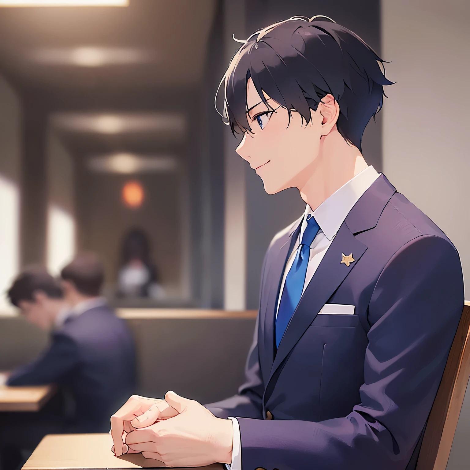 masterpiece、Highest quality、profile、Side shot
(25-year-old male:1.5) and(Black short hair) and (blue eyes), 
(suit:1.5) and (Blue tie）(suit:1.5) and (Blue tie）、
smile,The background is a tavern at night、Sitting、(alone:1.5)
