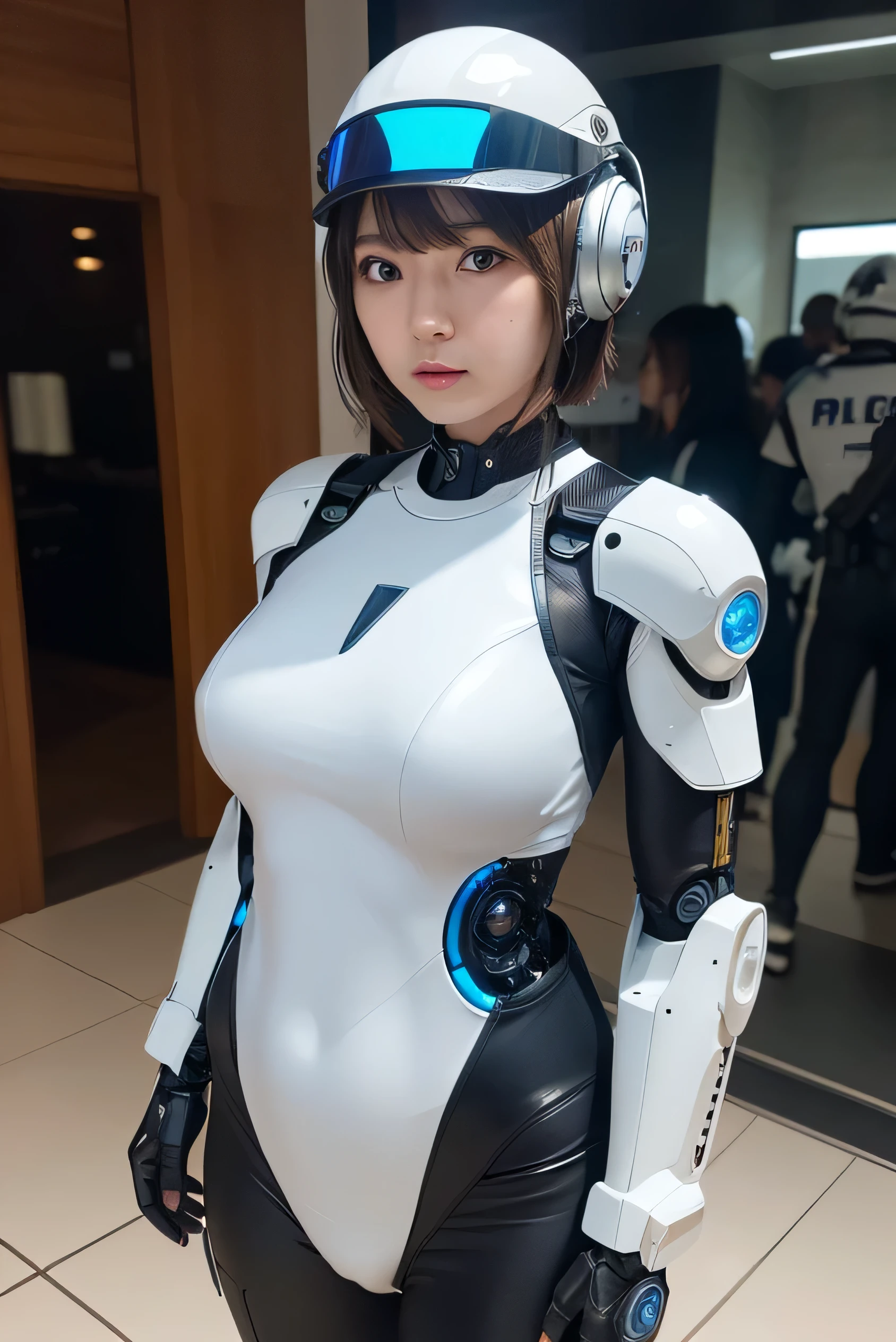 masterpiece, best quality, extremely detailed, Japanese android girl,Plump ,control panels,robot arms,robot,android,cyborg,white robot body,ceramic body,perfect robotgirl,police,helmet,head cover,police uniform,blue eyes,