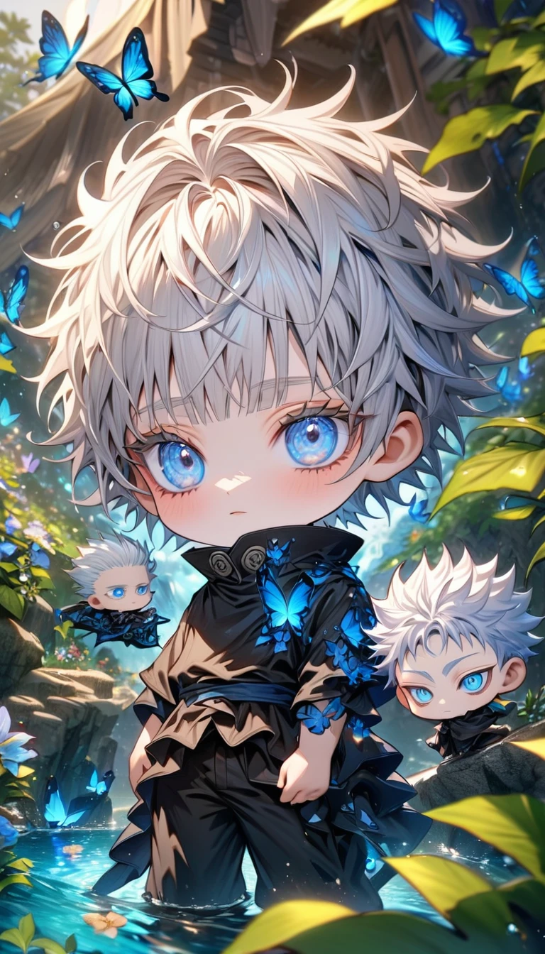 Ultra detailed, HDR, Highres, absurdres, master piece, Gojou Satoru as chibi, white hair with bangs, white eyelashes, expressive blue eyes, black clothes, black pants, Jujutsu Kaisen, flowers, butterflies, fantasy, magical, green leaves, summer, boy, cute, water, chibi, blue power