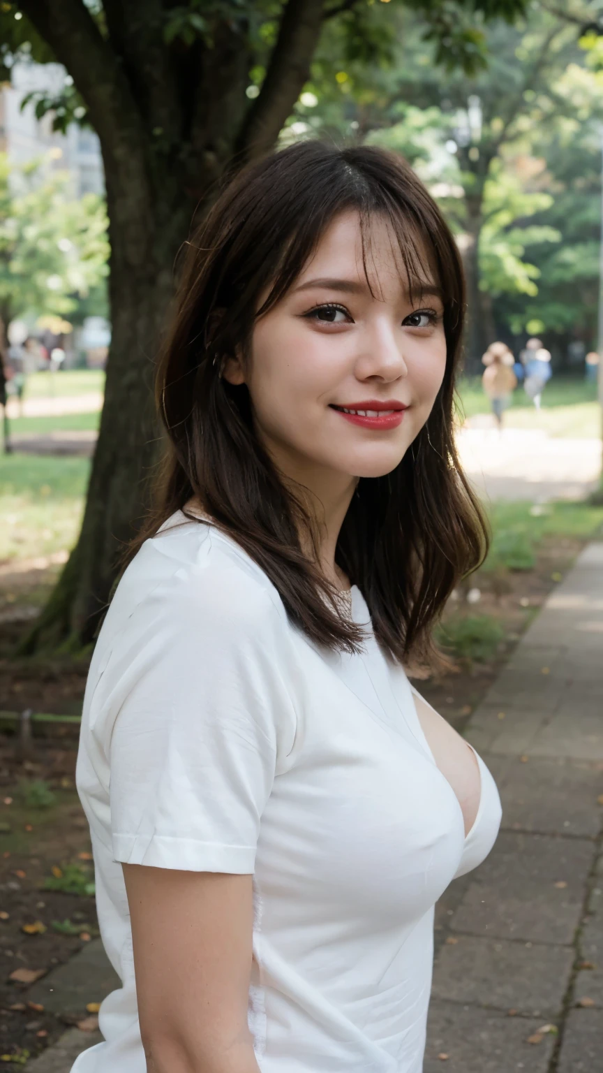 Standing in the park, Wrinkles around the eyes, Smiling with teeth showing, Plain short-sleeved clothing, senior citizen, Draw lips correctly, Red lipstick, No discomfort, 16K, Highest quality, Very detailed, Realistic, Very detailed肌, (Japanese), (alone), 60 years old, Large Breasts, , Glamour, sexy, Chromo White Skin, Staring straight ahead,